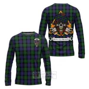 Blair Tartan Long Sleeve T-Shirt with Family Crest and Bearded Skull Holding Bottles of Whiskey