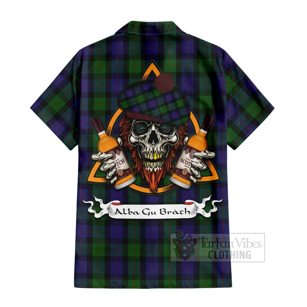 Blair Tartan Short Sleeve Button Shirt with Family Crest and Bearded Skull Holding Bottles of Whiskey