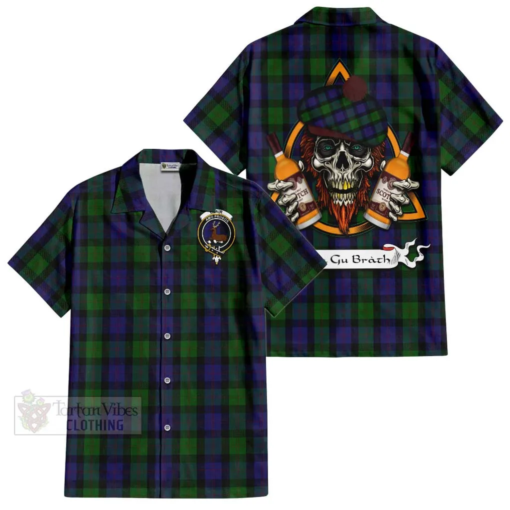 Blair Tartan Short Sleeve Button Shirt with Family Crest and Bearded Skull Holding Bottles of Whiskey