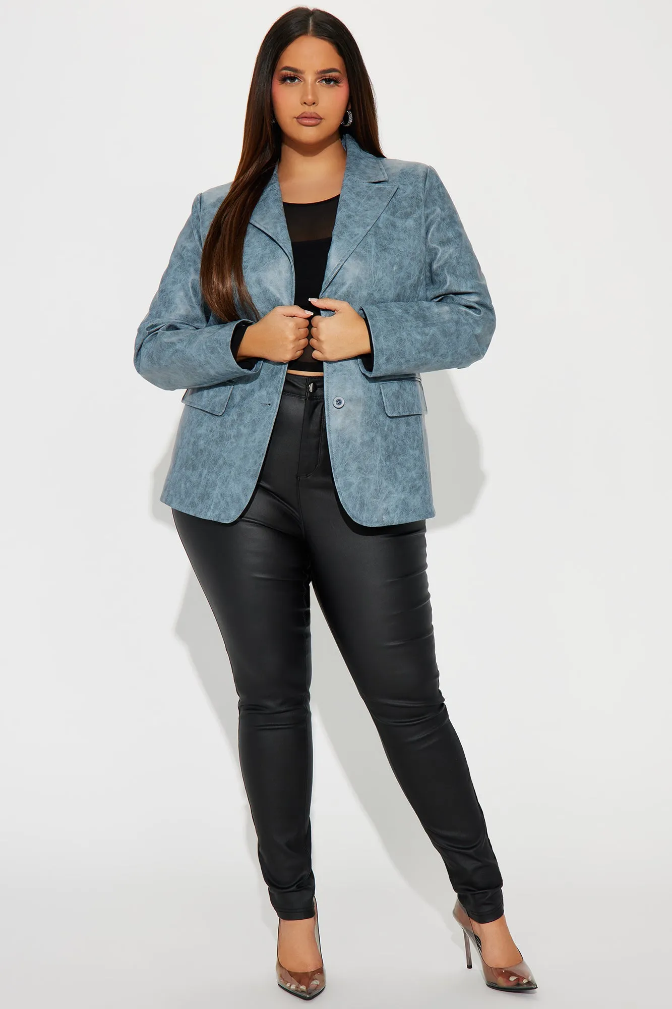 Blaire Washed Faux Leather Blazer - Blue