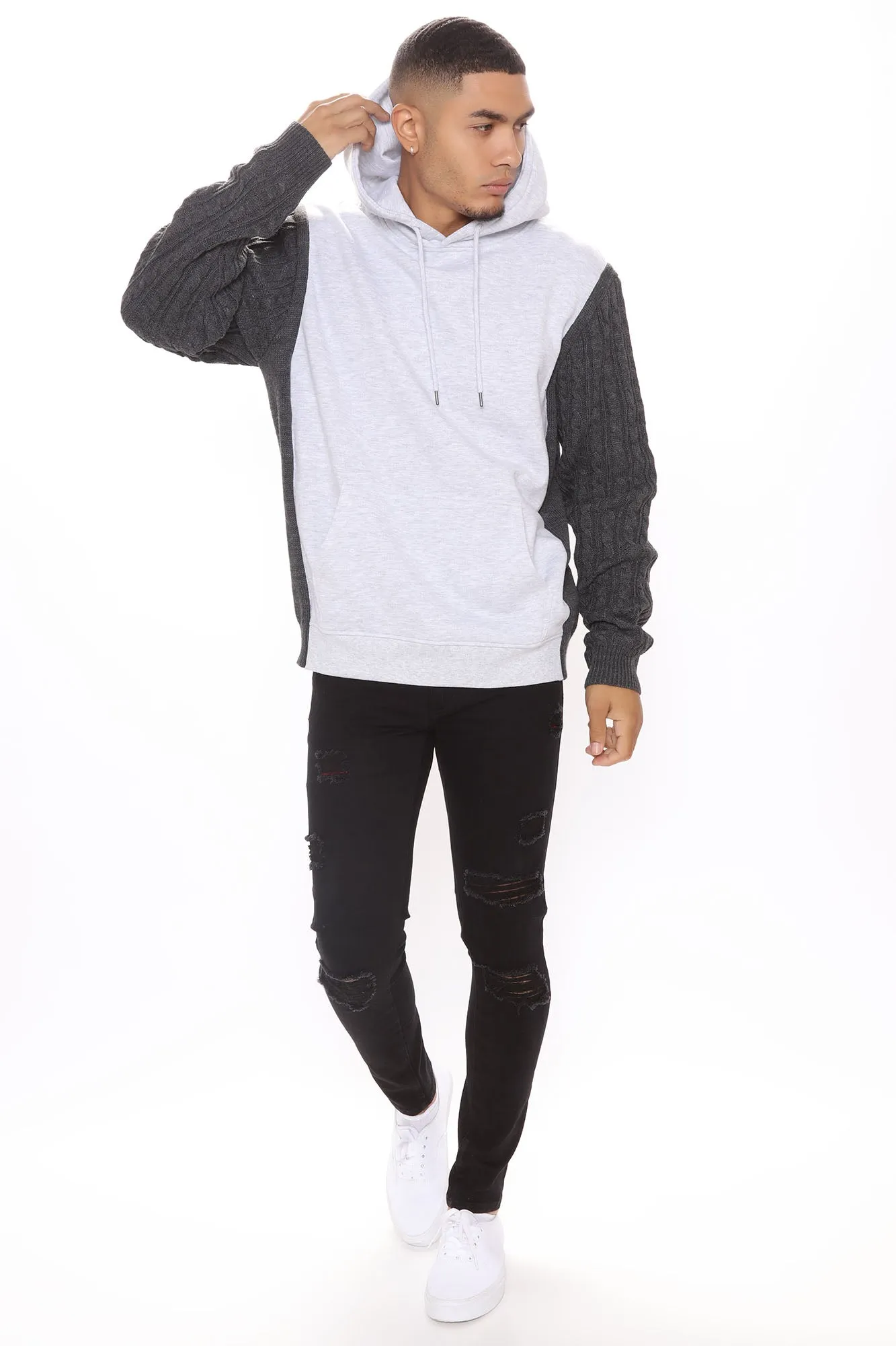 Blake Cable Knit Sleeved Hoodie - Charcoal