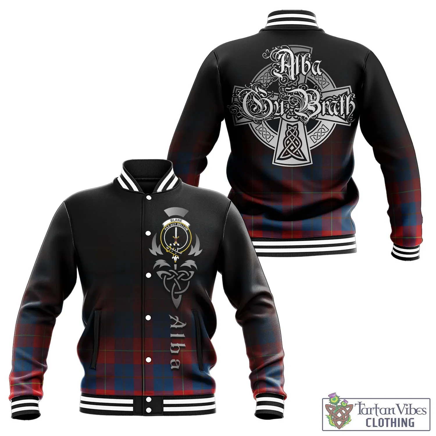 Blane Tartan Baseball Jacket Featuring Alba Gu Brath Family Crest Celtic Inspired