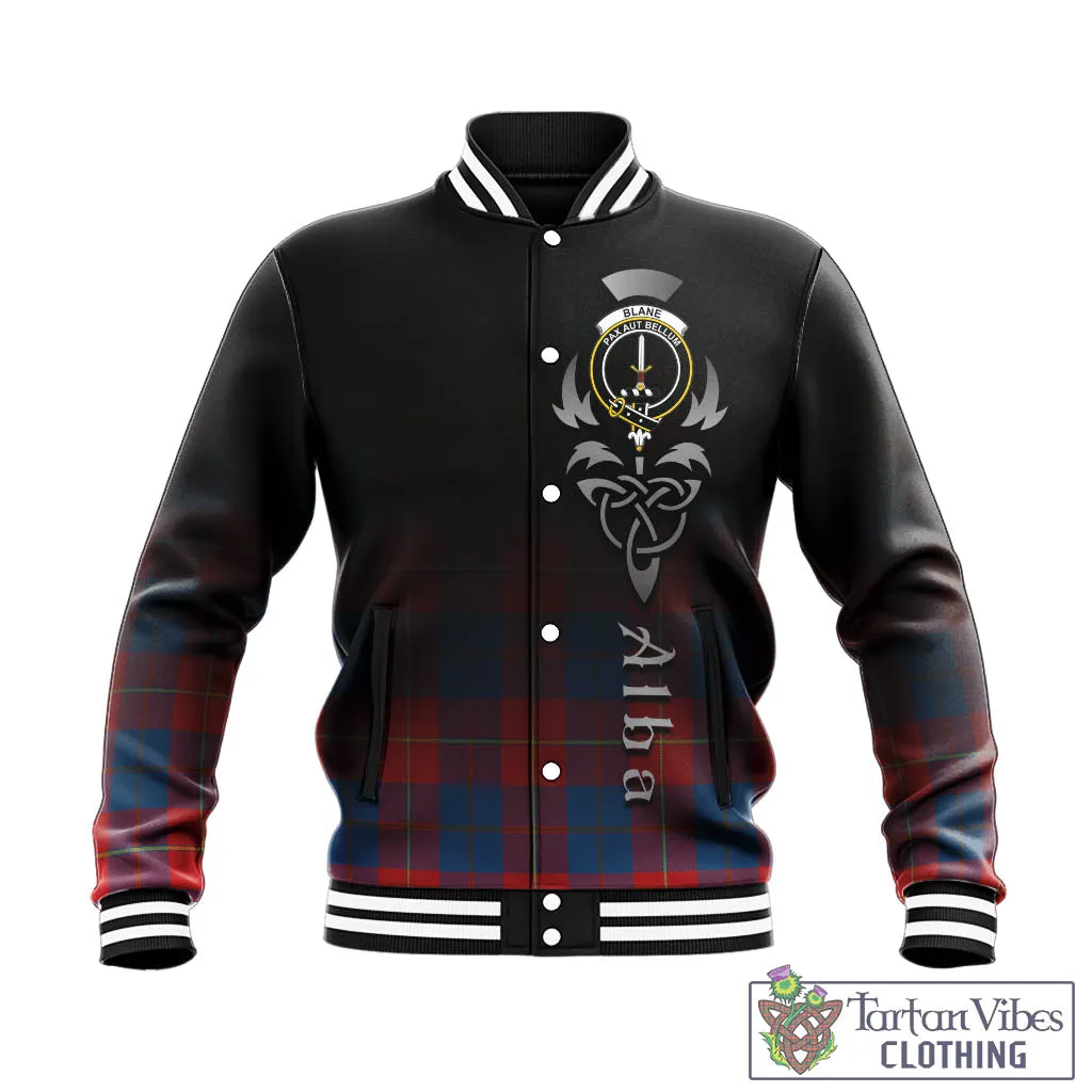 Blane Tartan Baseball Jacket Featuring Alba Gu Brath Family Crest Celtic Inspired