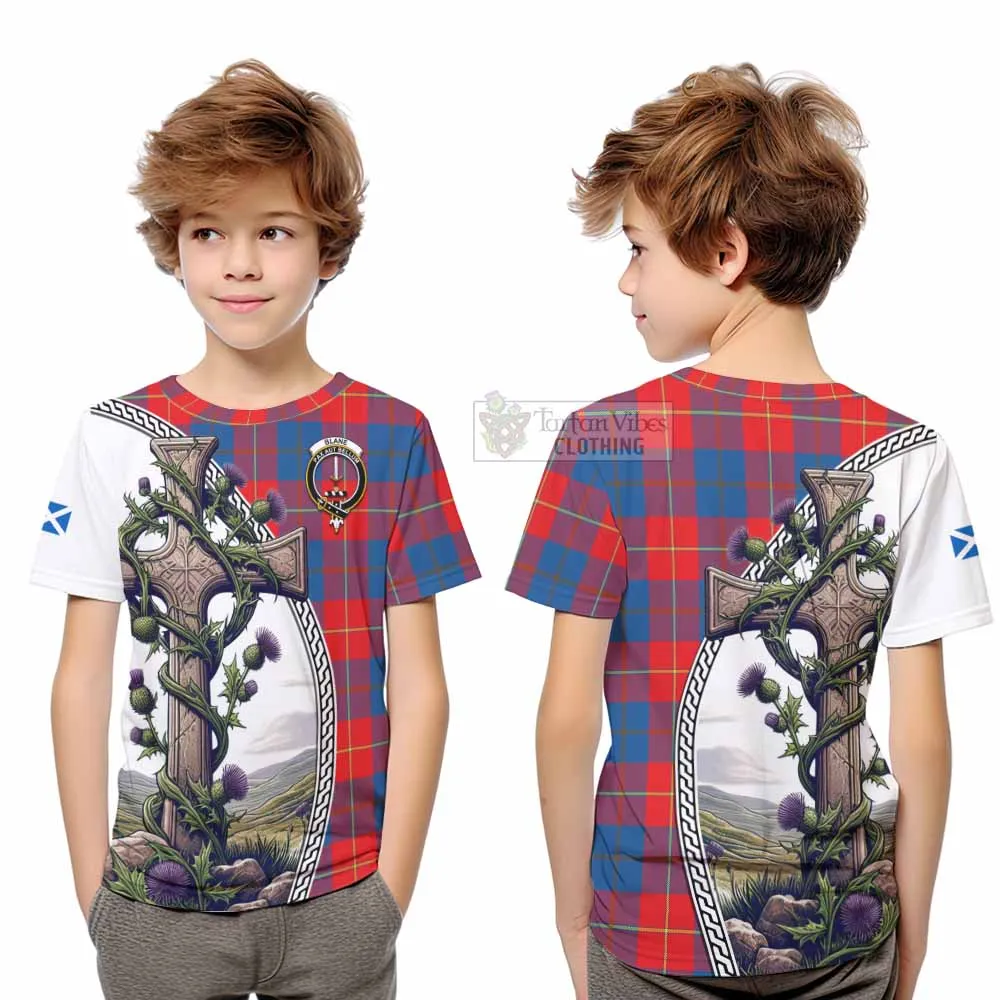 Blane Tartan Kid T-Shirt with Family Crest and St. Andrew's Cross Accented by Thistle Vines