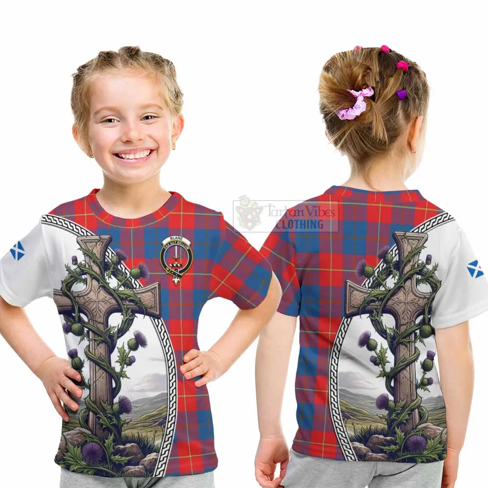 Blane Tartan Kid T-Shirt with Family Crest and St. Andrew's Cross Accented by Thistle Vines