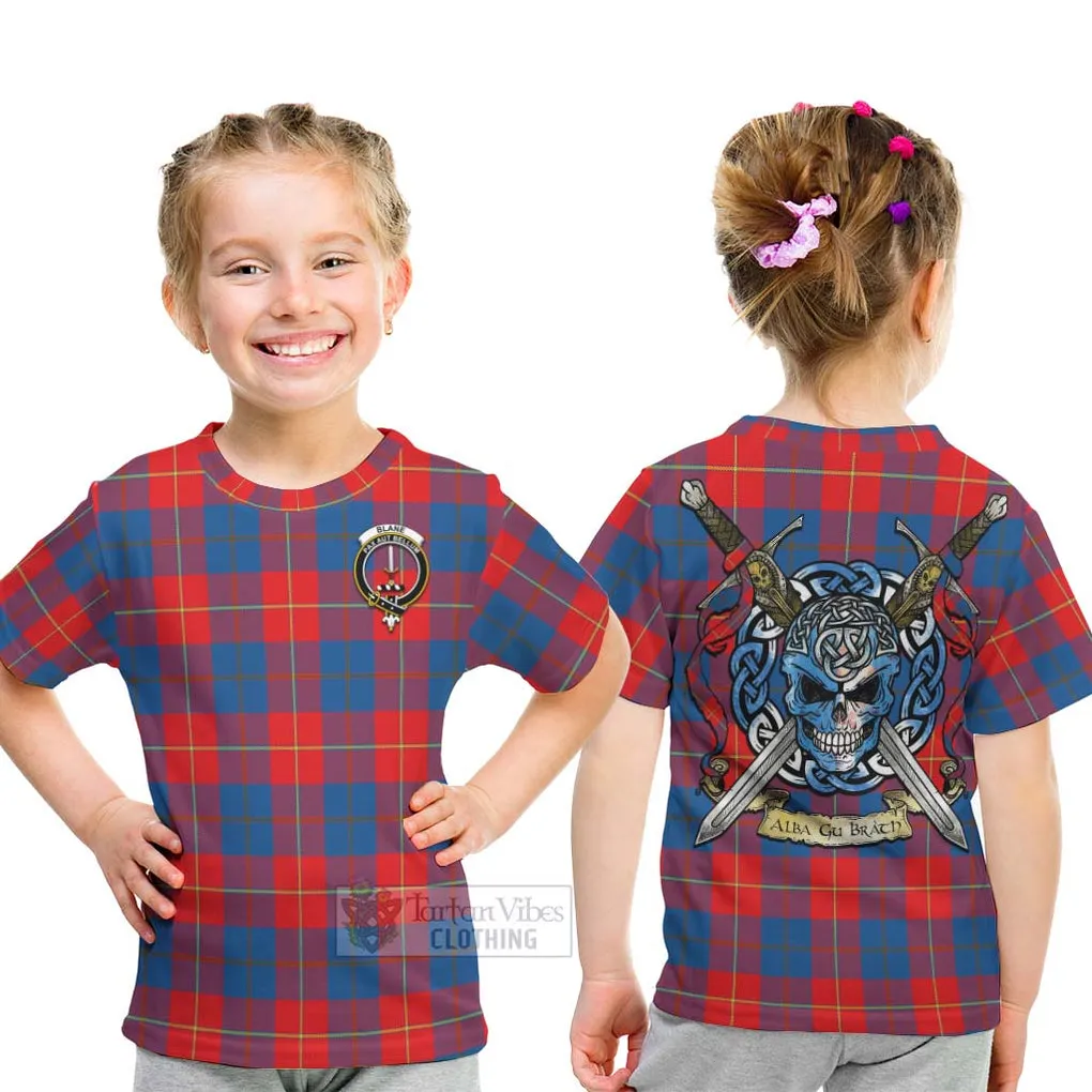 Blane Tartan Kid T-Shirt with Family Crest Celtic Skull Style