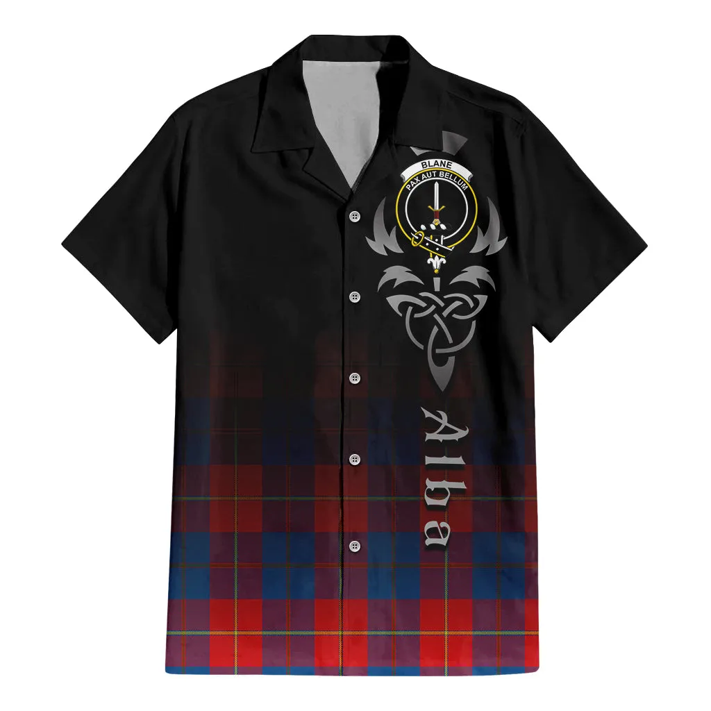 Blane Tartan Short Sleeve Button Up Shirt Featuring Alba Gu Brath Family Crest Celtic Inspired