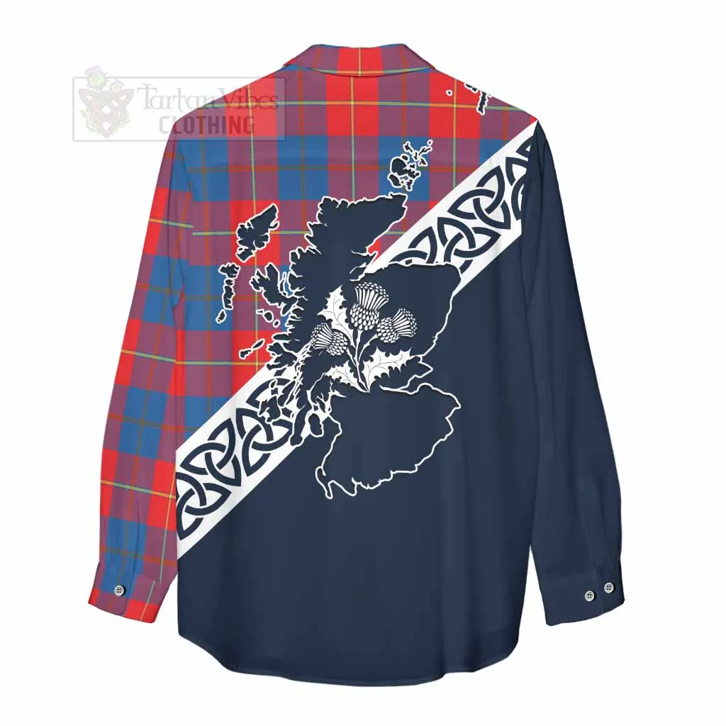 Blane Tartan Women's Casual Shirt Featuring Thistle and Scotland Map