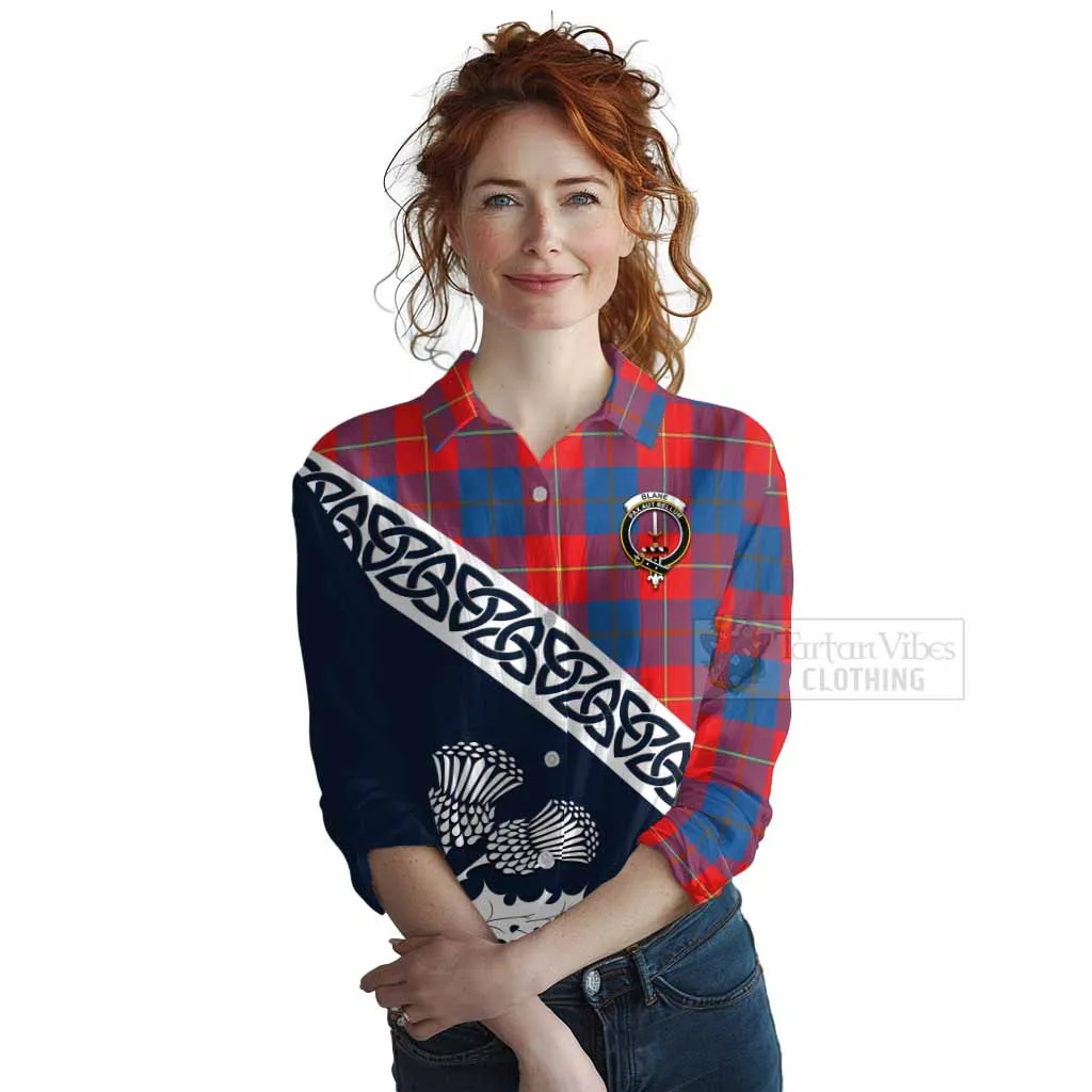 Blane Tartan Women's Casual Shirt Featuring Thistle and Scotland Map