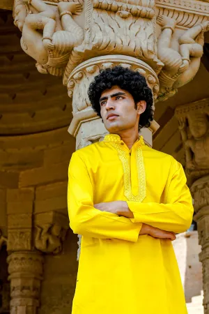 BLAZING YELLOW SATIN KURTA SET WITH  ZARI EMBROIDERED COLLAR & YOKE PATTI