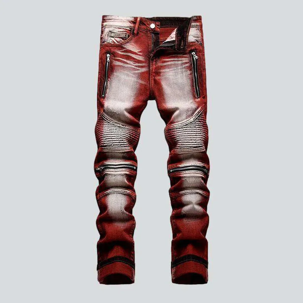 Bleach wash color biker jeans