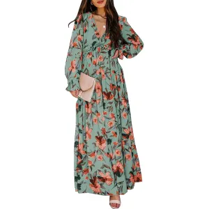 Blencot Casual Floral Deep V Neck Long Sleeve Dress, Green