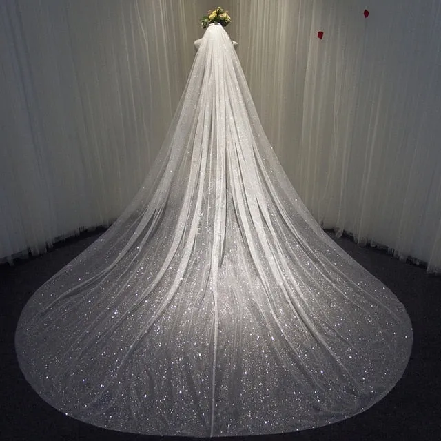 Bling Bridal Veil Sparkly Champagne Cathedral Sequined Wedding Veil With Comb