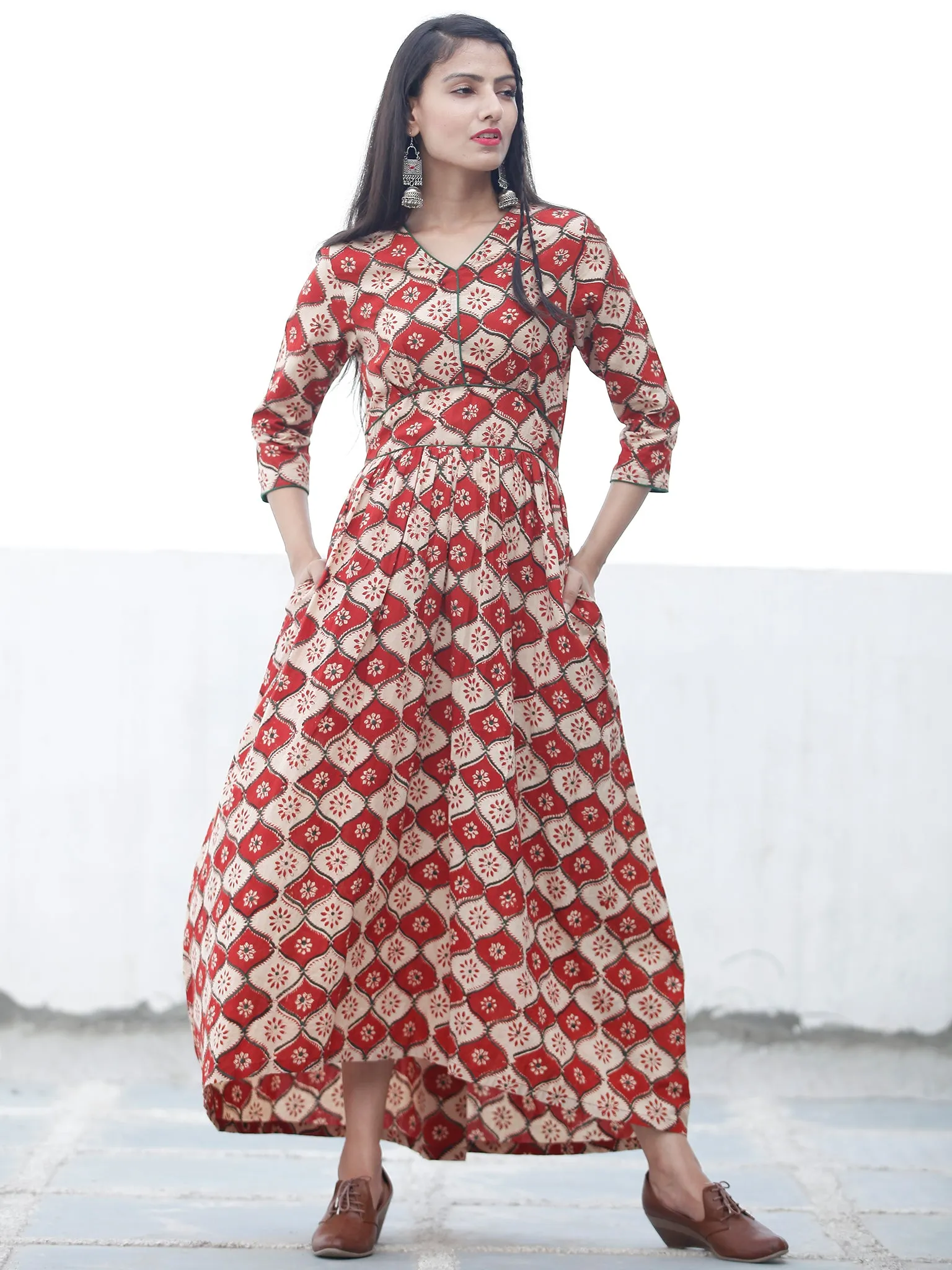 BLOCK GEOMETRY - Hand Block Printed Cotton Long Dress  - D334F1372