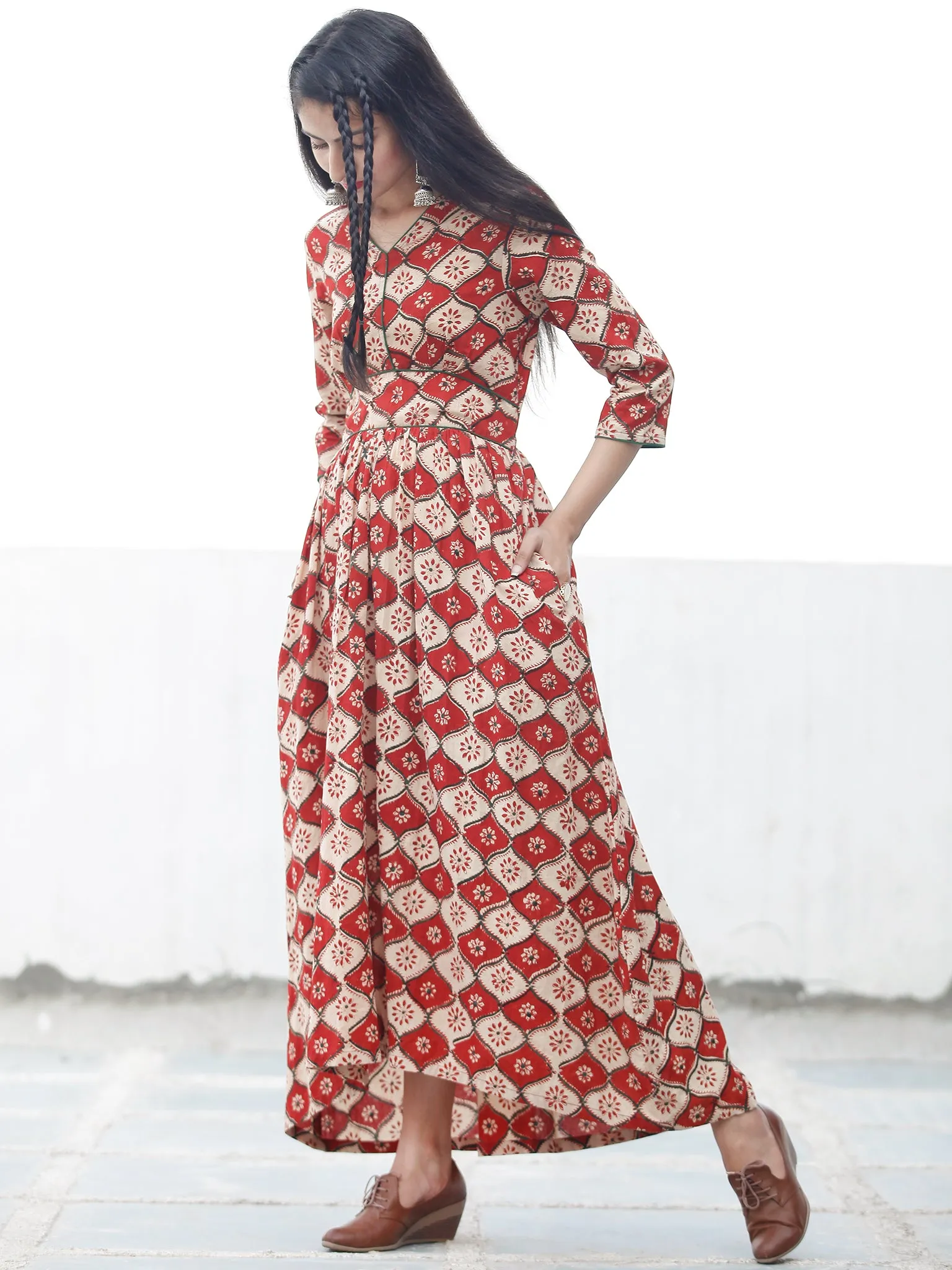 BLOCK GEOMETRY - Hand Block Printed Cotton Long Dress  - D334F1372