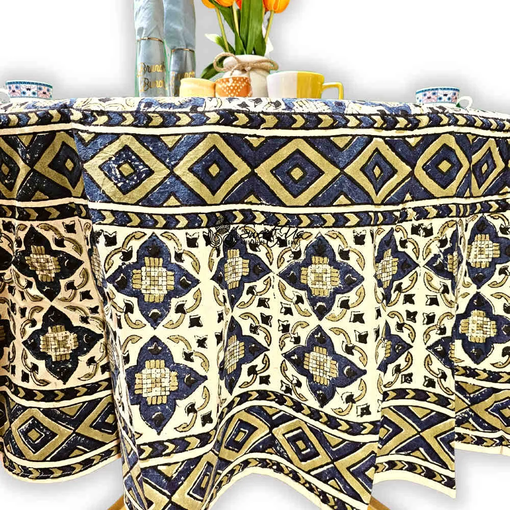 Block Print Cotton Sustainable Geometric Tablecloth Collection, Green