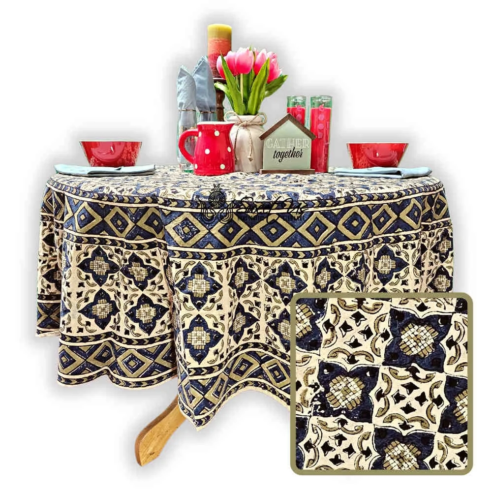 Block Print Cotton Sustainable Geometric Tablecloth Collection, Green