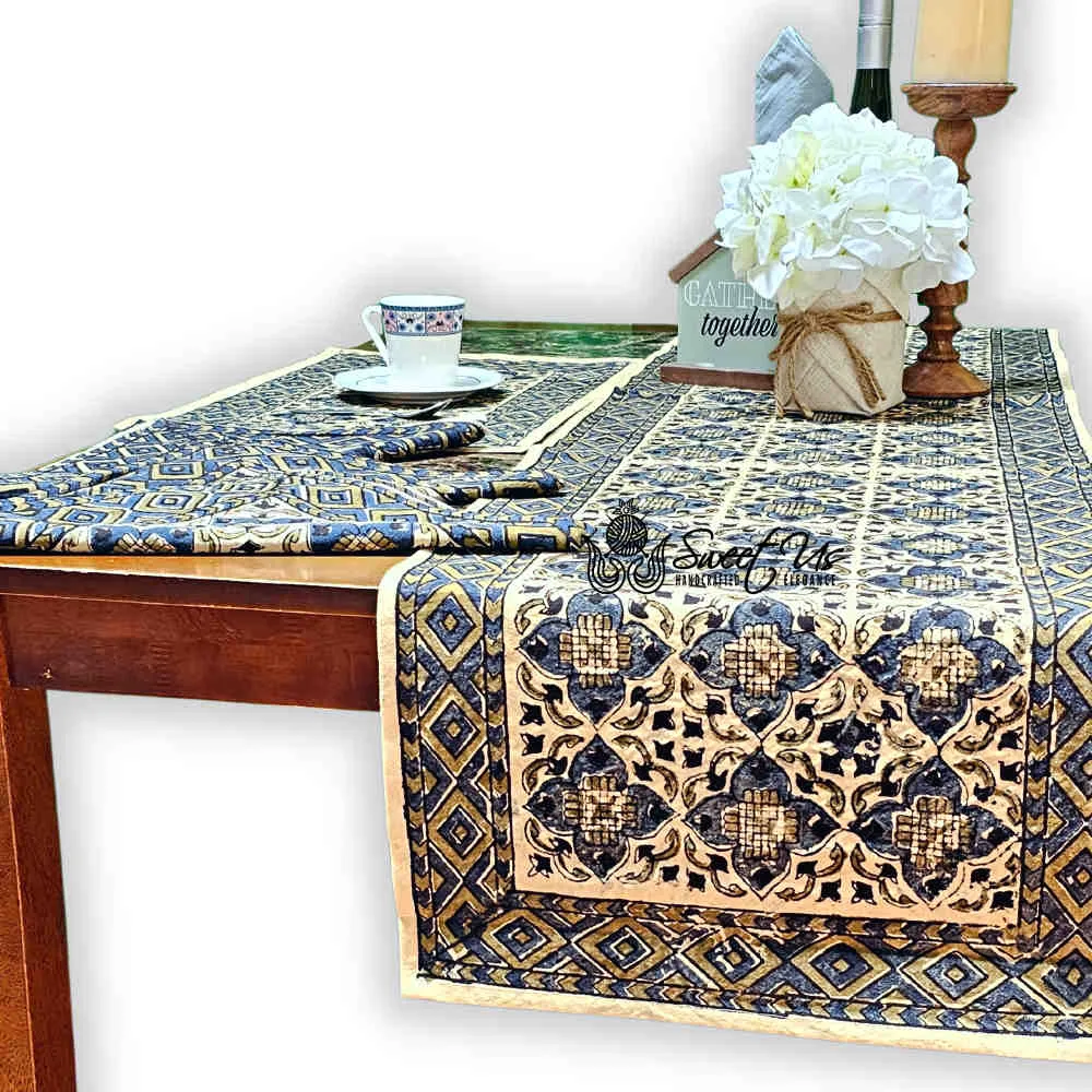 Block Print Cotton Sustainable Geometric Tablecloth Collection, Green