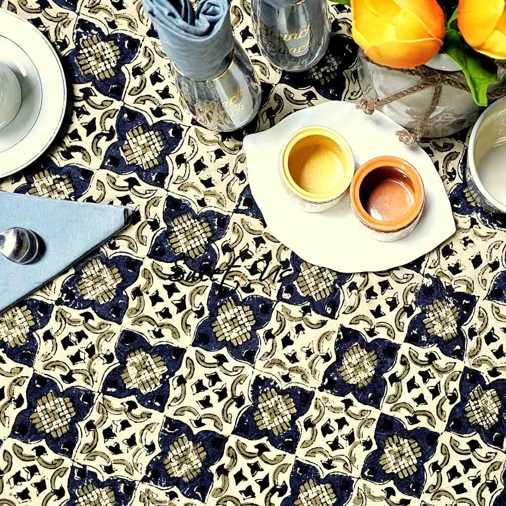 Block Print Cotton Sustainable Geometric Tablecloth Collection, Green