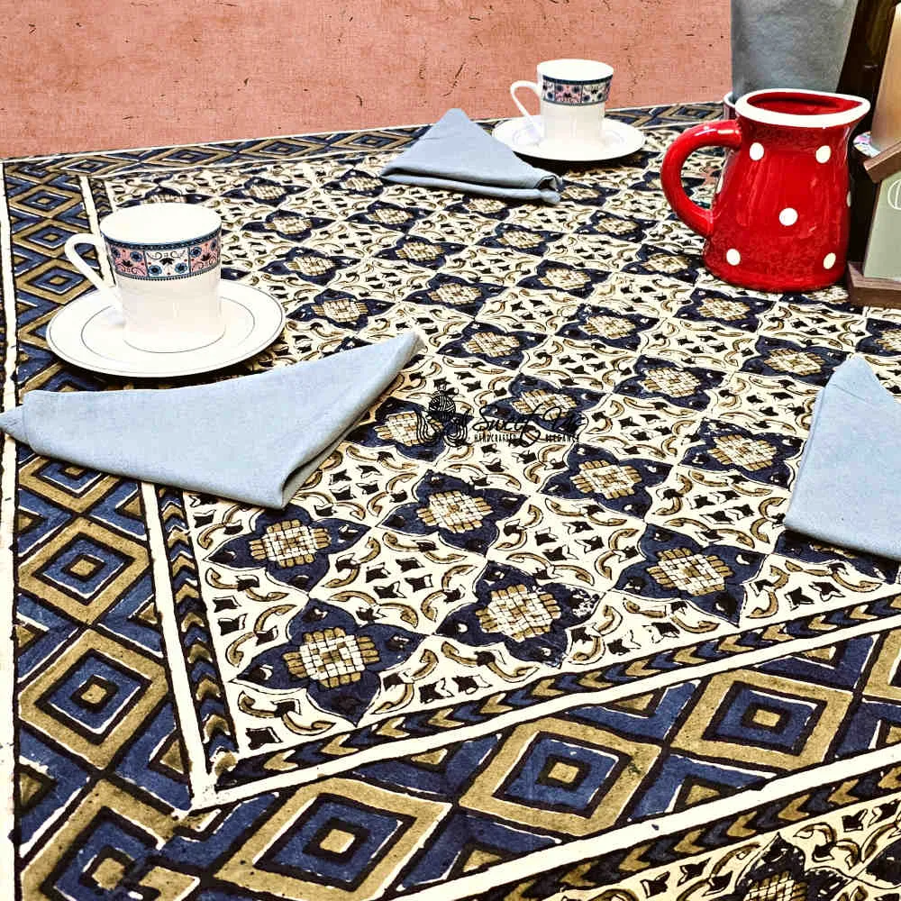 Block Print Cotton Sustainable Geometric Tablecloth Collection, Green