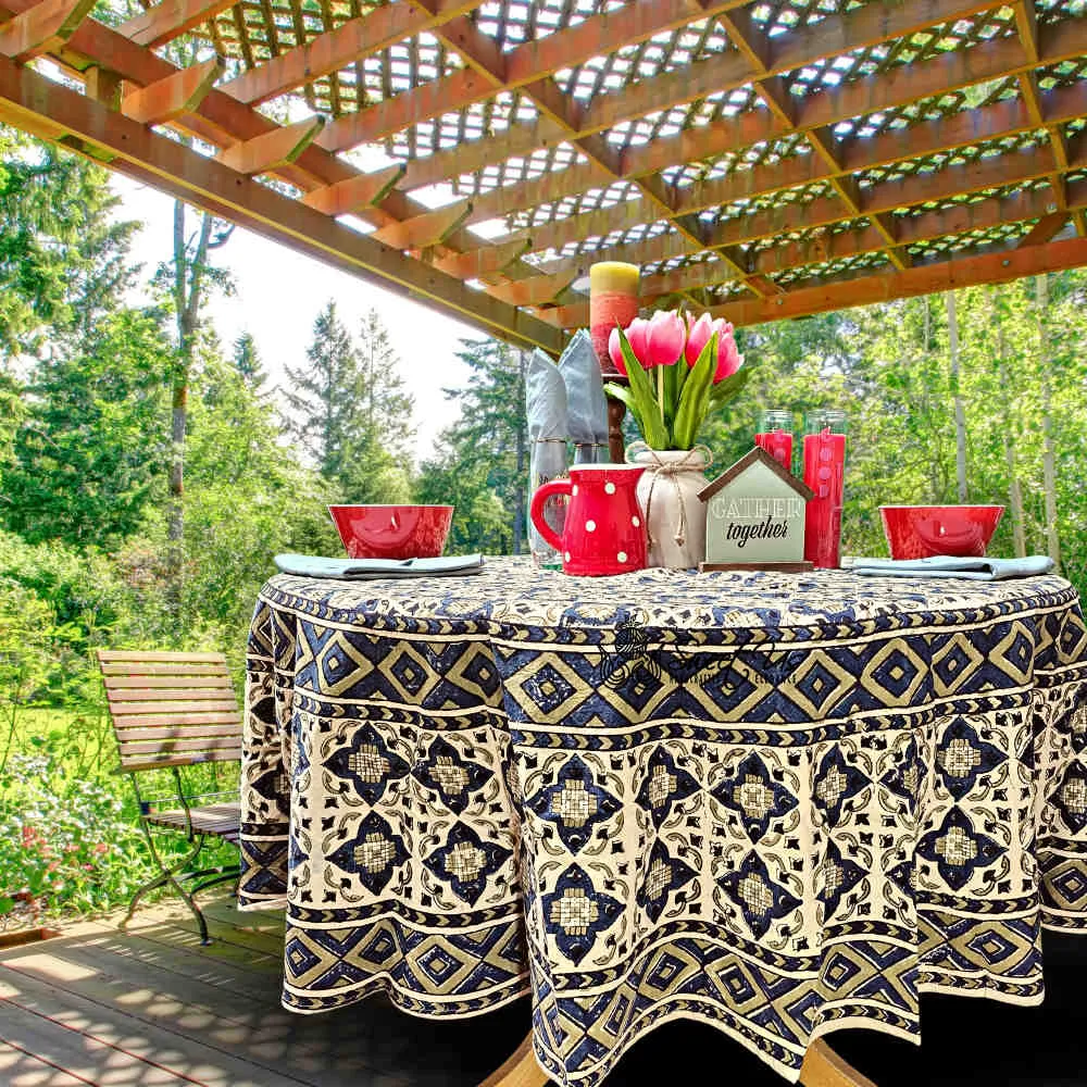 Block Print Cotton Sustainable Geometric Tablecloth Collection, Green