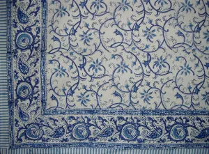 Block Print Rajasthan Vine Cotton Tablecloth 90" x 60" Blue