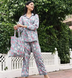 Block Printed Pajama Set: Powder Blue