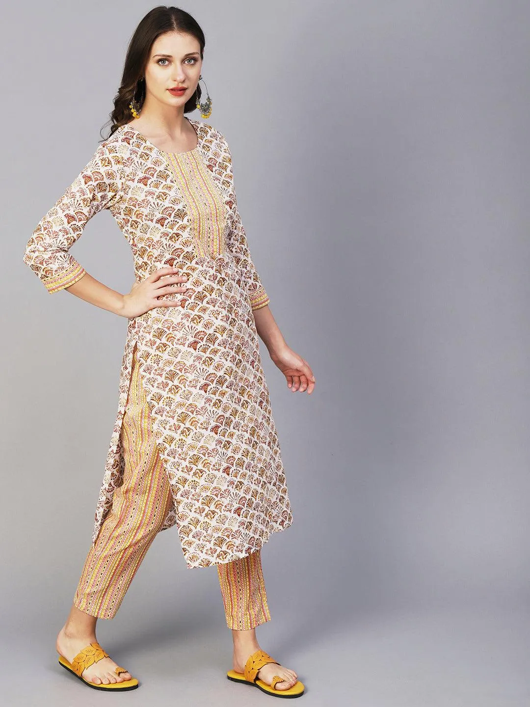 Block Printed Sequins Ornamented Kurta With Printed Pants - White & Multi