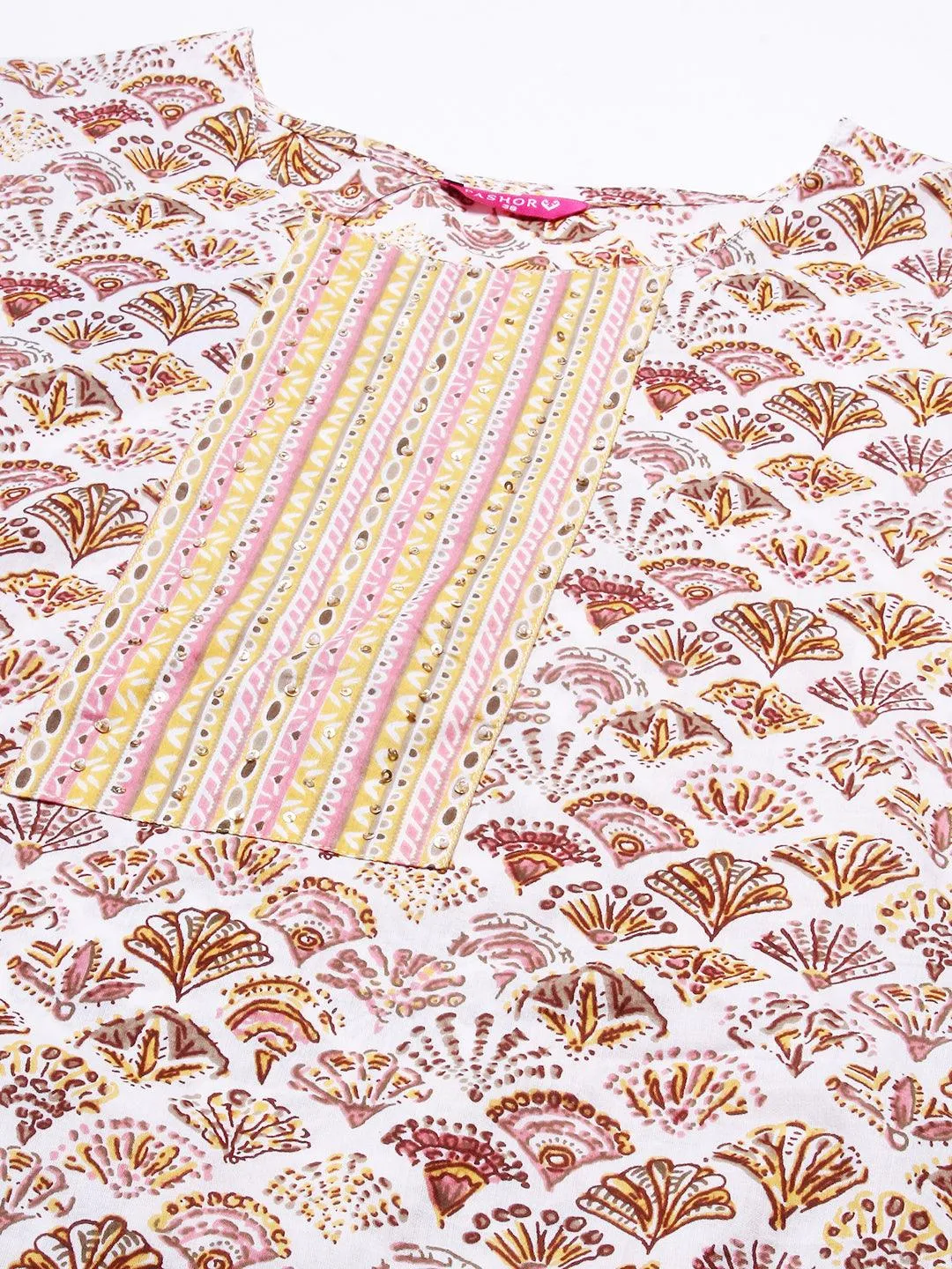 Block Printed Sequins Ornamented Kurta With Printed Pants - White & Multi