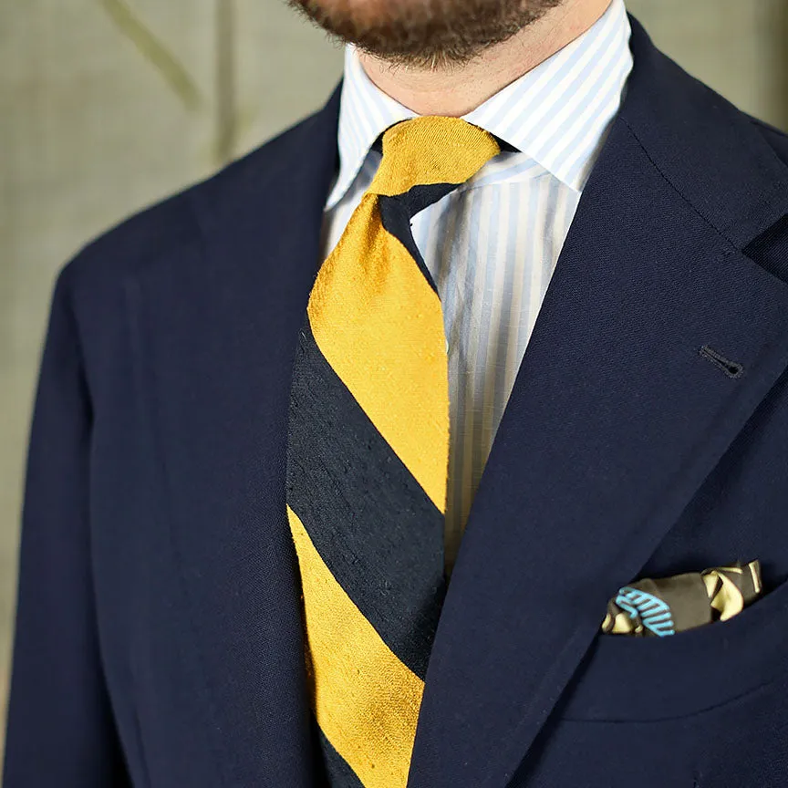 Block Stripe Shantung Silk Tie - Navy / Yellow - Hand-Rolled