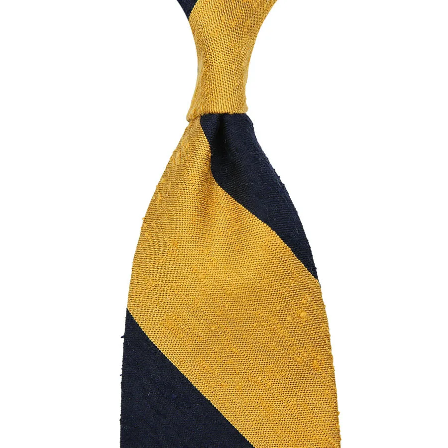 Block Stripe Shantung Silk Tie - Navy / Yellow - Hand-Rolled