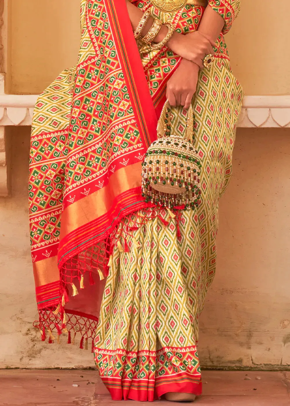 Blonde Yellow Printed Patola Tussar Silk Saree