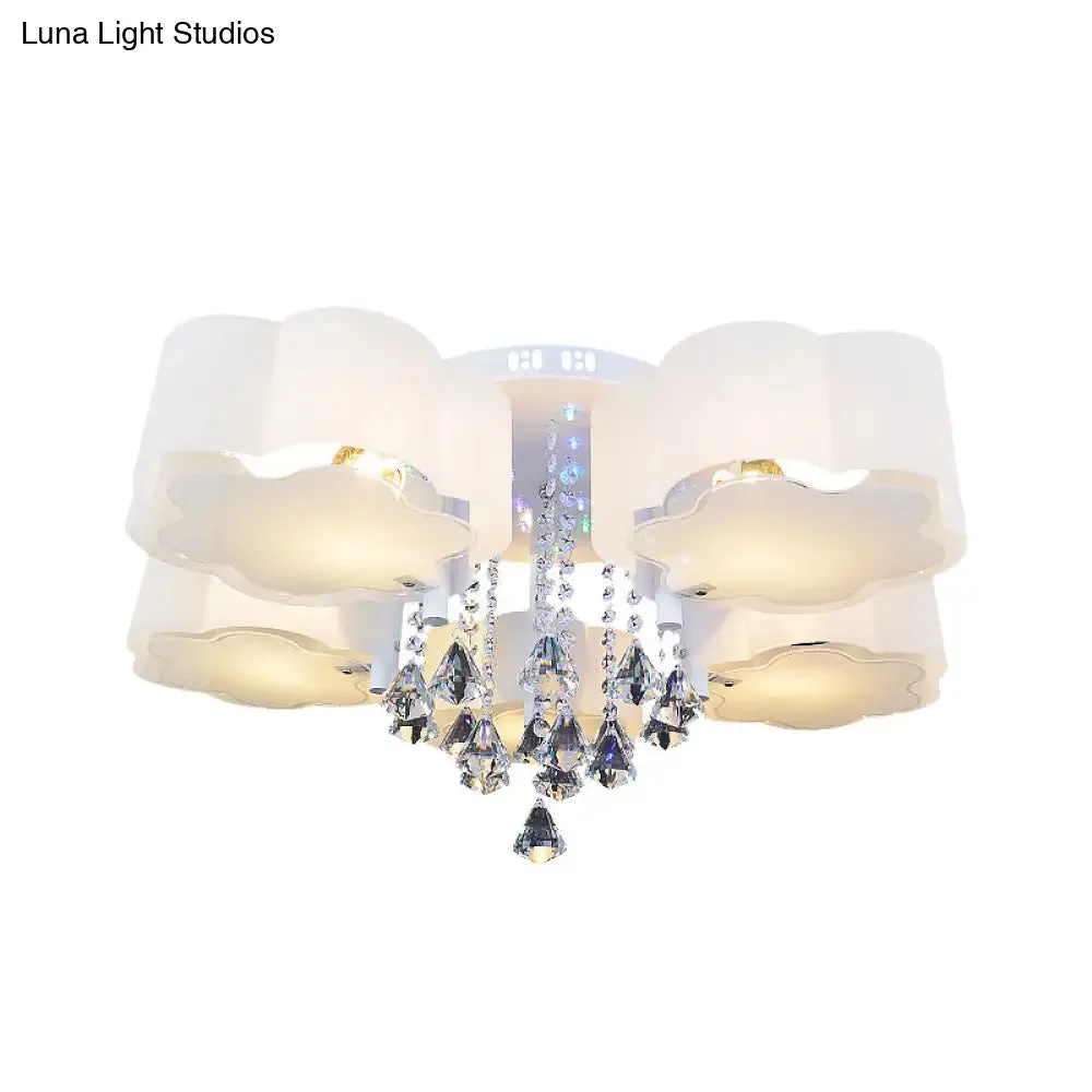 Bloom Glass Flush Mount Lamp with Crystal Draping - Contemporary Design, 3/5 Heads, White Light