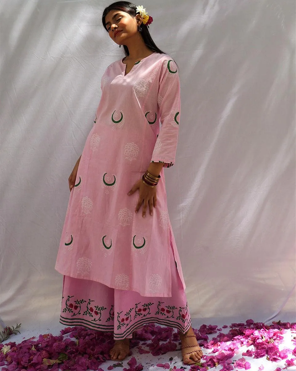 Bloom Pink Chand Block Printed Cotton Kurta Set - Fos