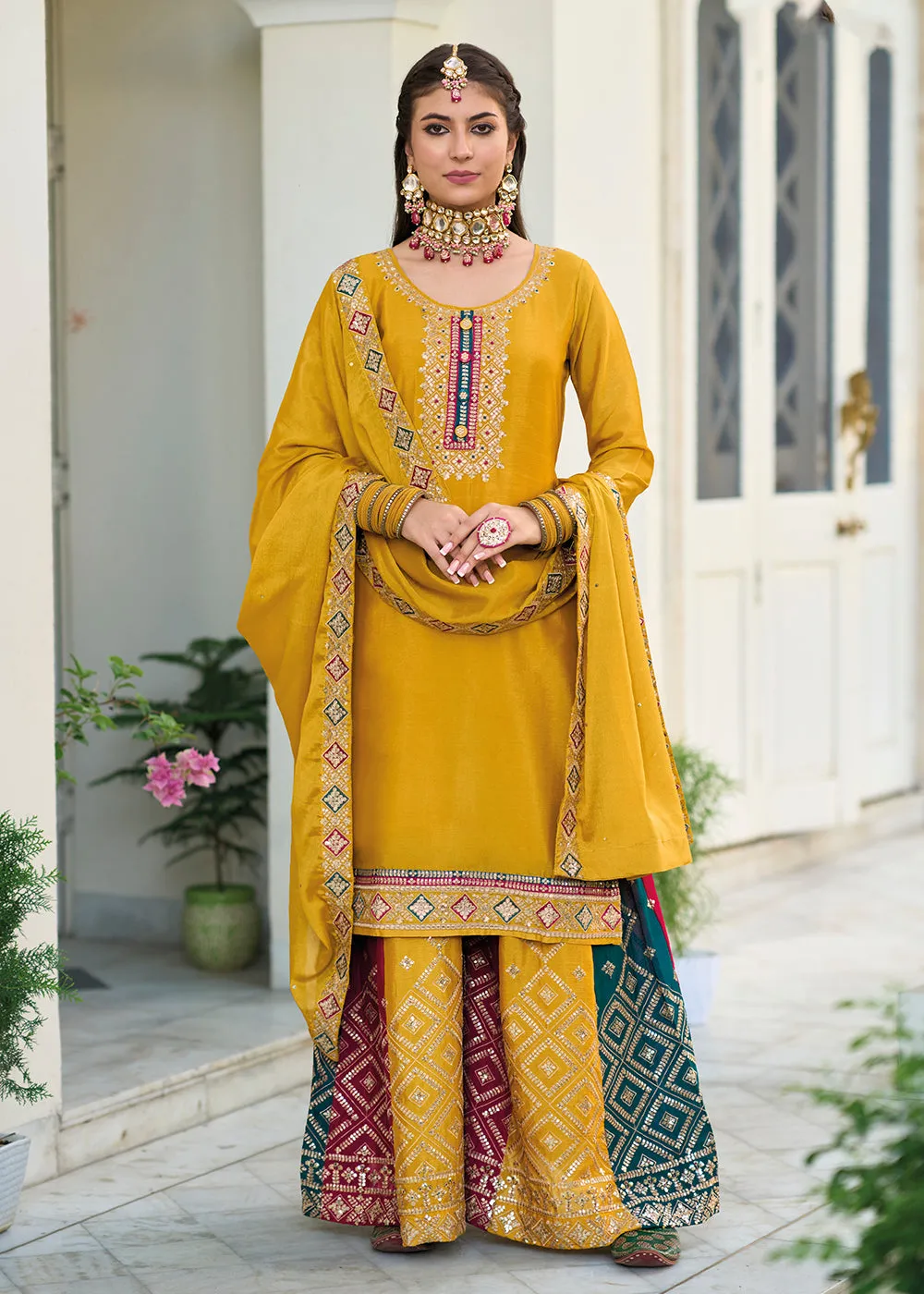 Blooming Chinon Yellow Embroidered Wedding Wear Palazzo Suit