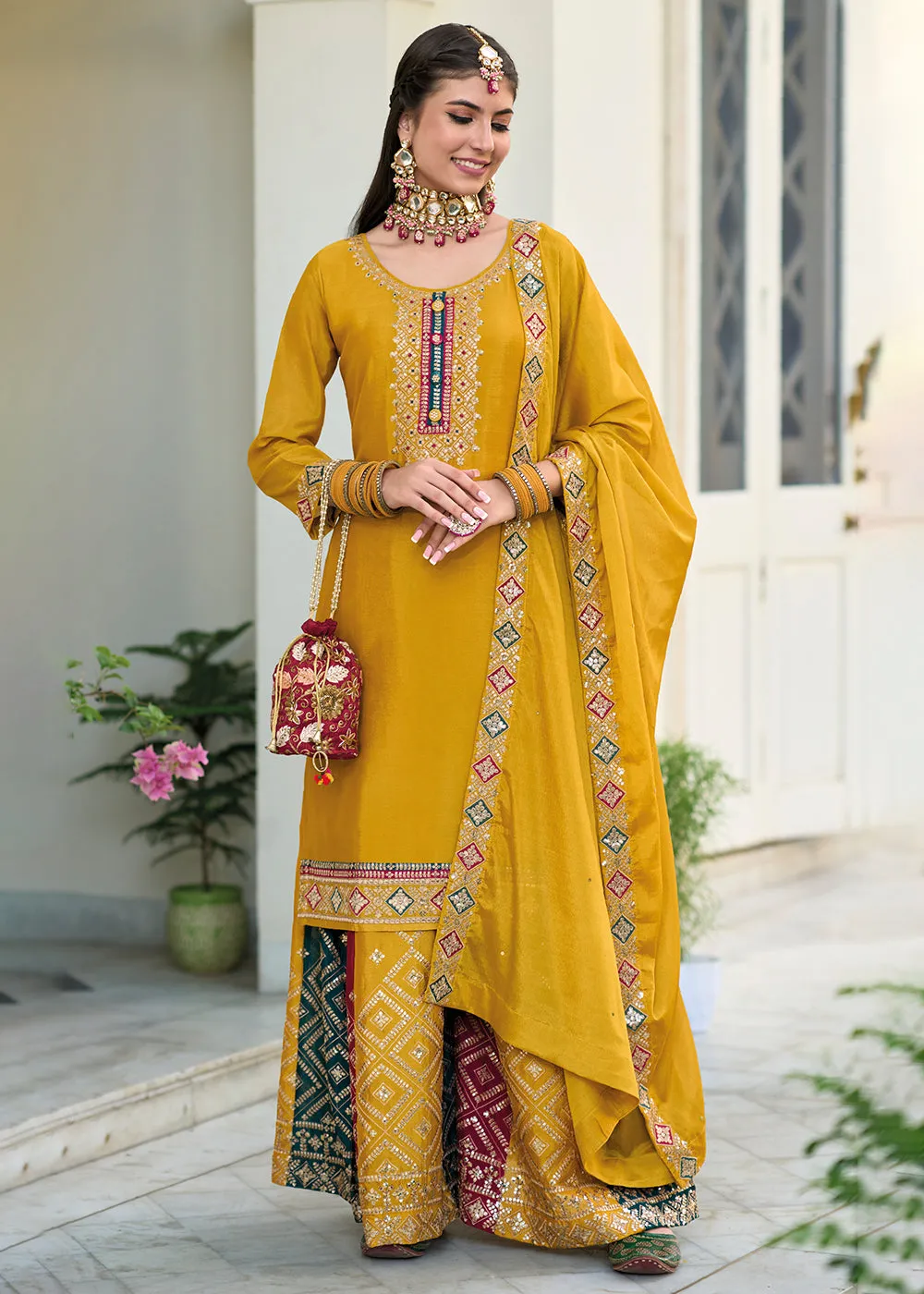 Blooming Chinon Yellow Embroidered Wedding Wear Palazzo Suit