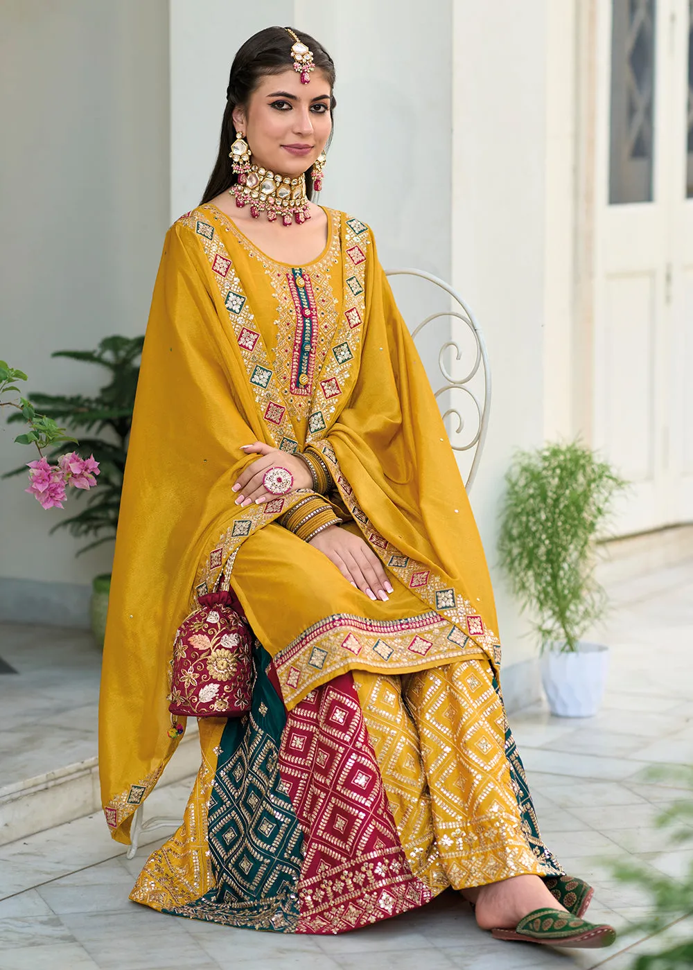 Blooming Chinon Yellow Embroidered Wedding Wear Palazzo Suit