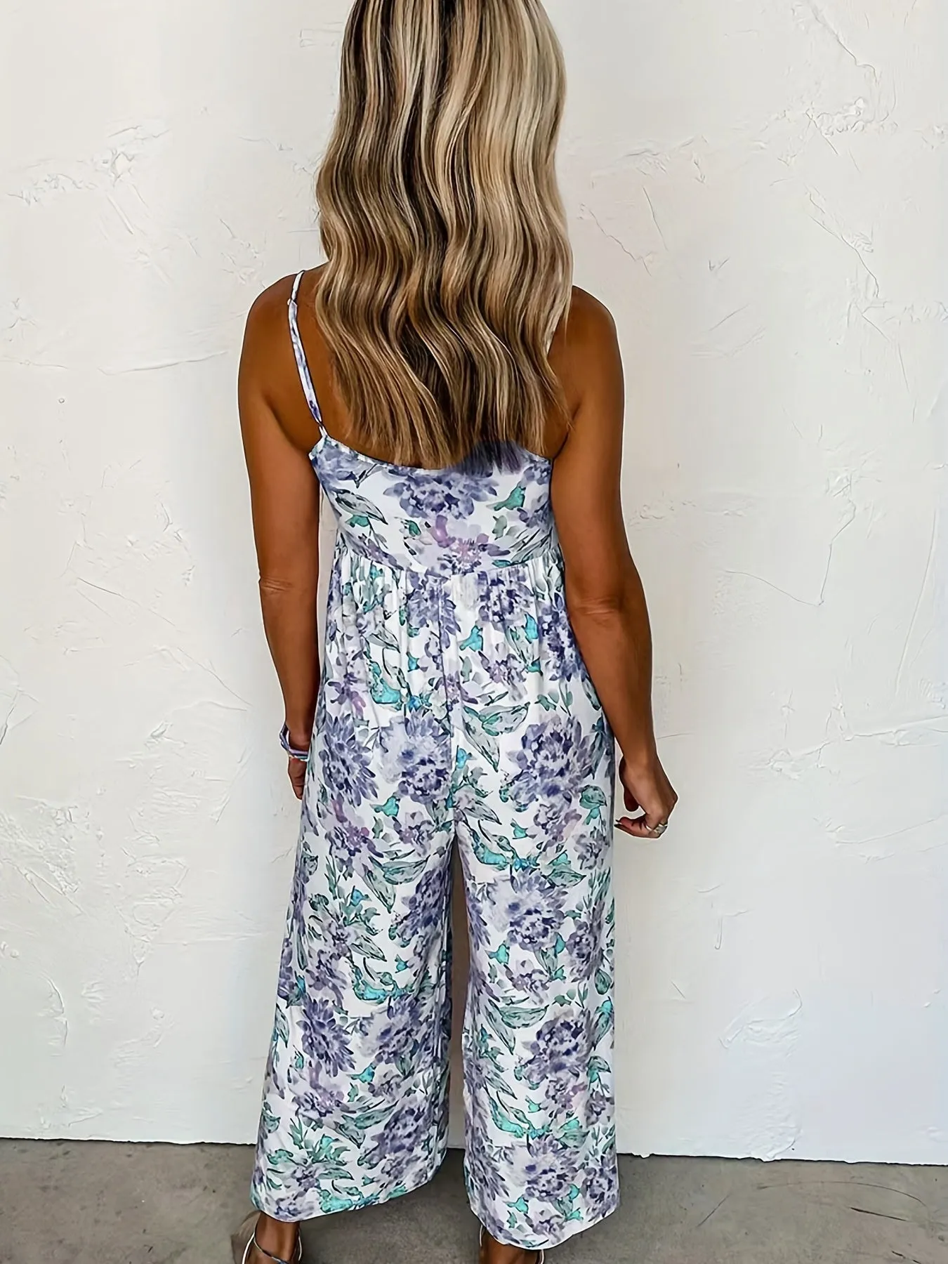 Blooming Elegance Women's Plus Floral Print Round Neck Pleated Cami Jumpsuit