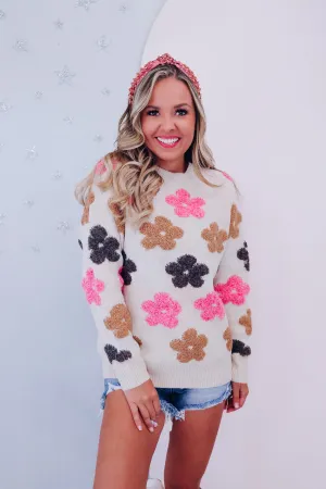 Blooming Fall Floral Knit Sweater - Oatmeal