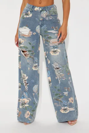 Blooming Love Floral Ripped Wide Leg Jeans - Medium Wash