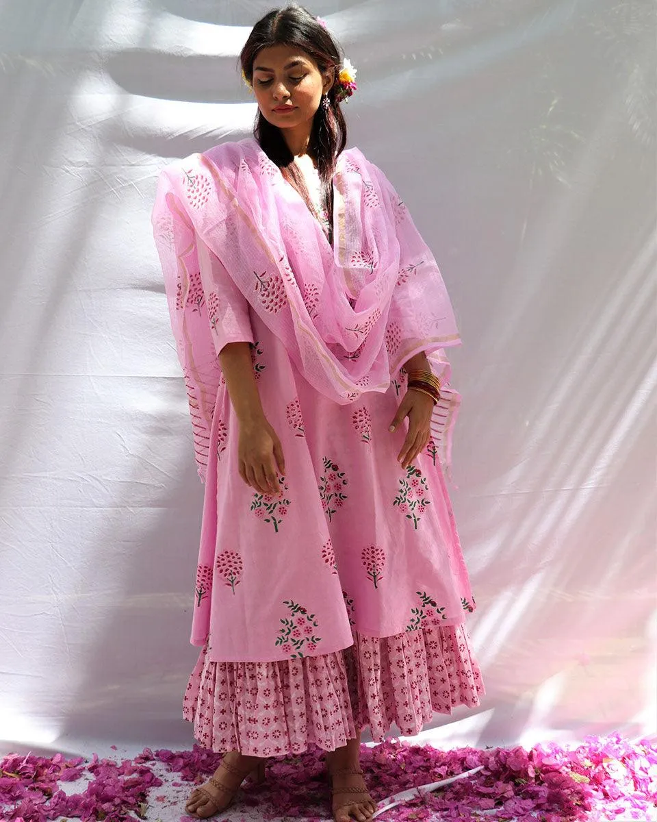 Blossom Pink Block Printed Cotton Kurta With Botton Set - Fos