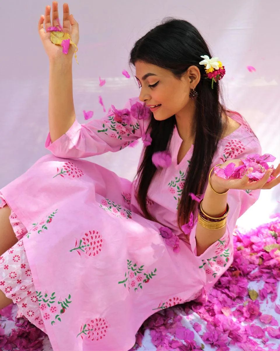 Blossom Pink Block Printed Cotton Kurta With Botton Set - Fos