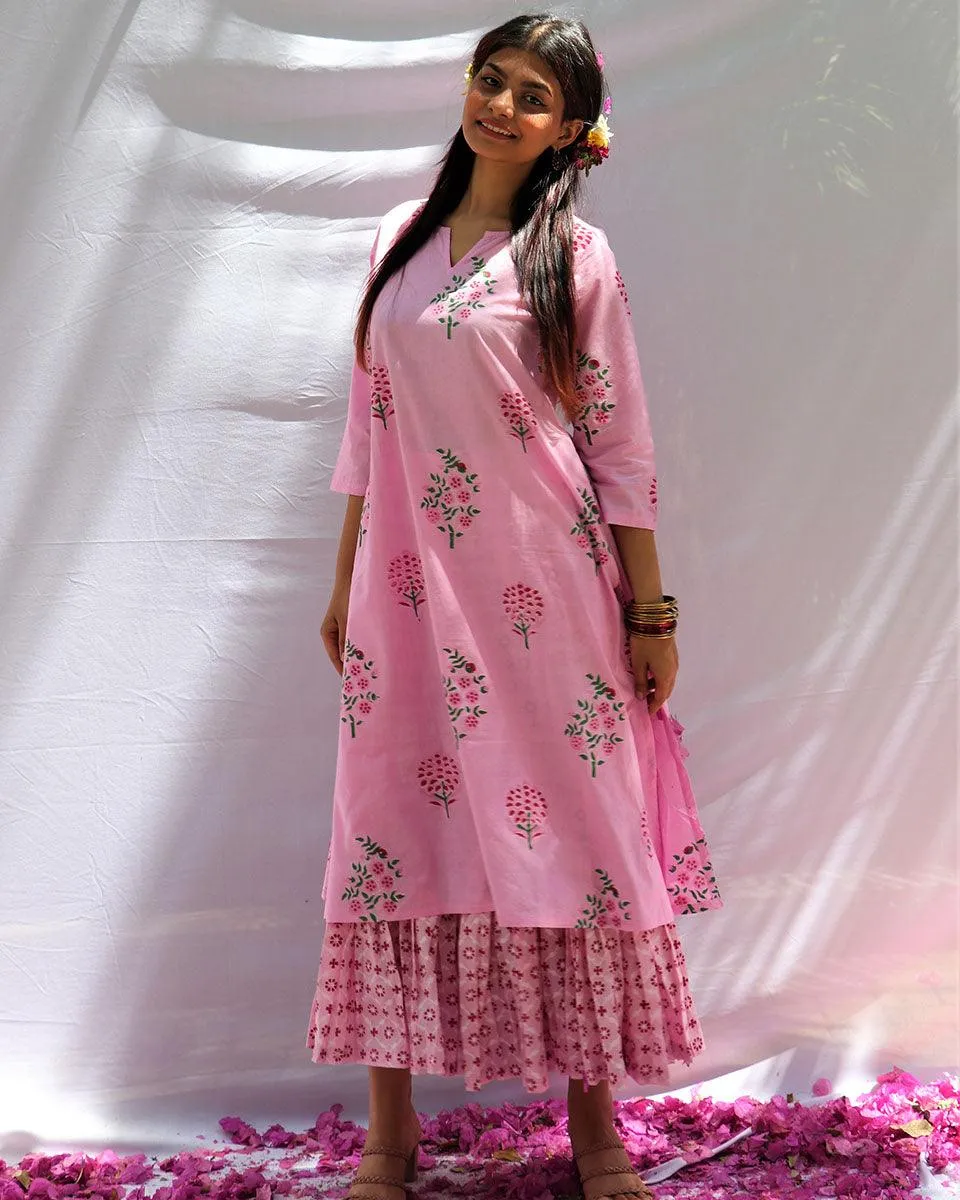 Blossom Pink Block Printed Cotton Kurta With Botton Set - Fos