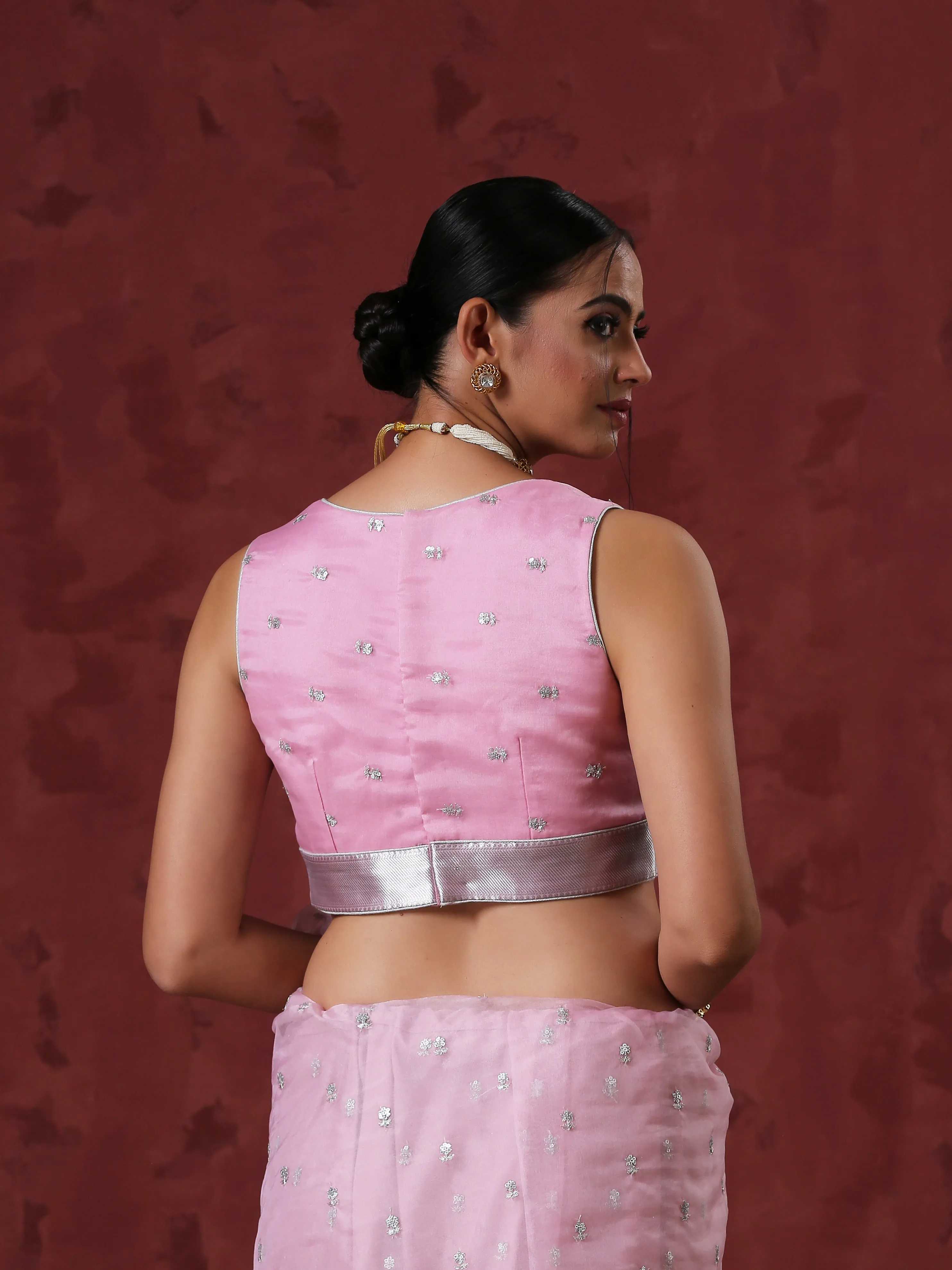 Blouse - Pink Sleeveless Organza with Embroidery and Silver edge Waist