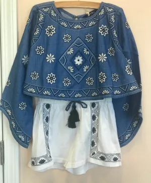 Blu & Blue Tabitha Dark Blue and White Embroidered Top