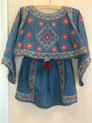 Blu & Blue Tabitha Light Blue and Orange Embroidered Top.