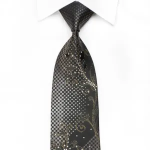 Blu Moon Men's Crystal Silk Necktie Silver Acanthus Checker On Black With Gold Sparkles