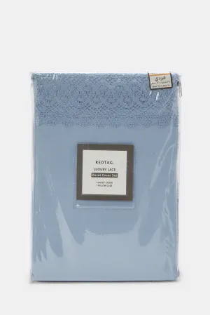 Blue 2 Piece Lace Trim Duvet Cover Set (Single Size)