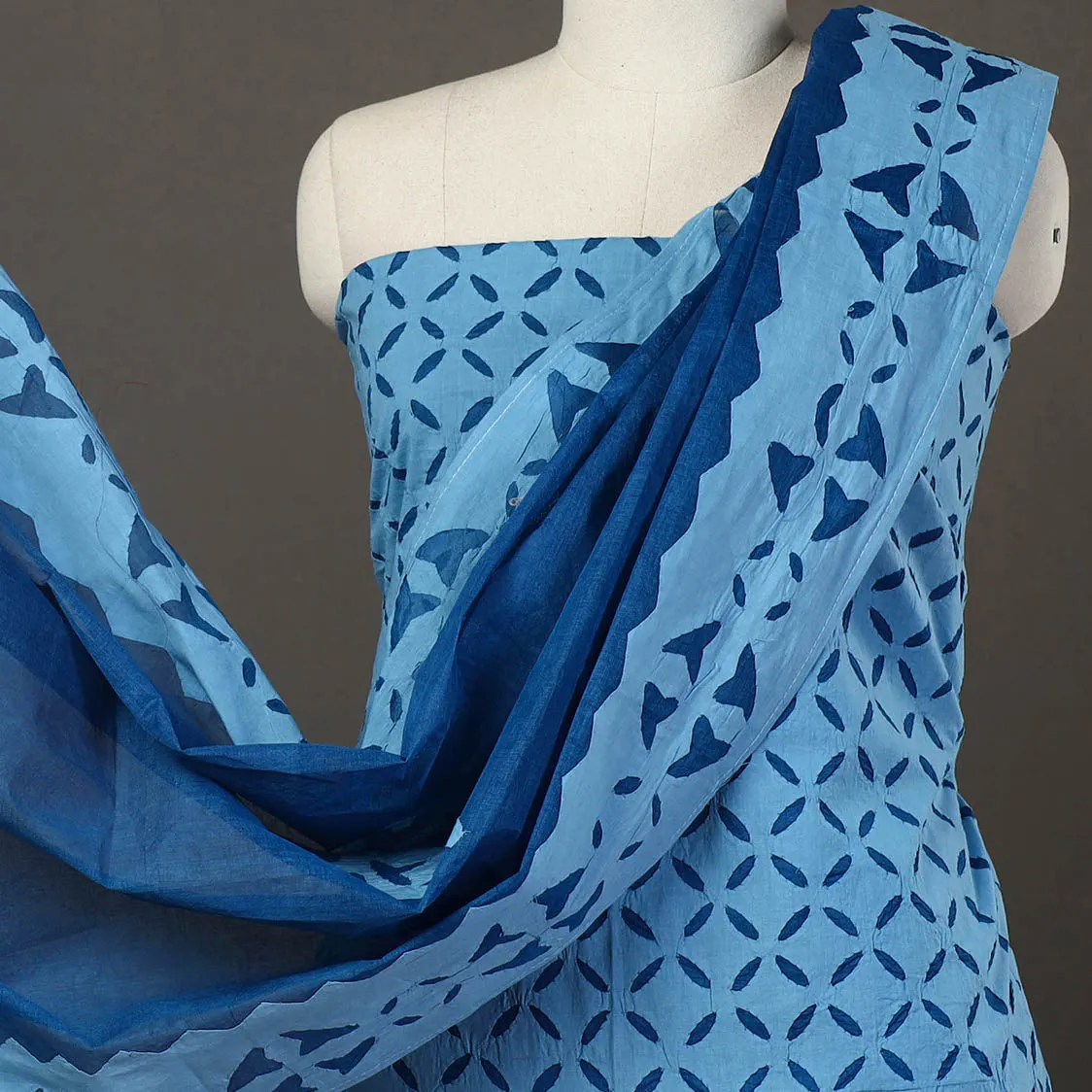 Blue - 3pc Cut Work Cotton Barmer Applique Dress Material 08