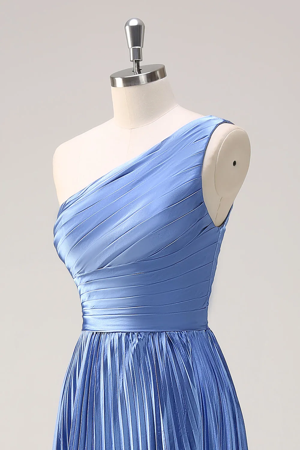 Blue A Line Pleated One Shoulder Bridesmaid Dress with Slit